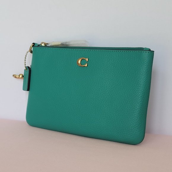 COACH Small Wristlet in Polished Pebbled Leather -Bright Green Color - Picture 7 of 16